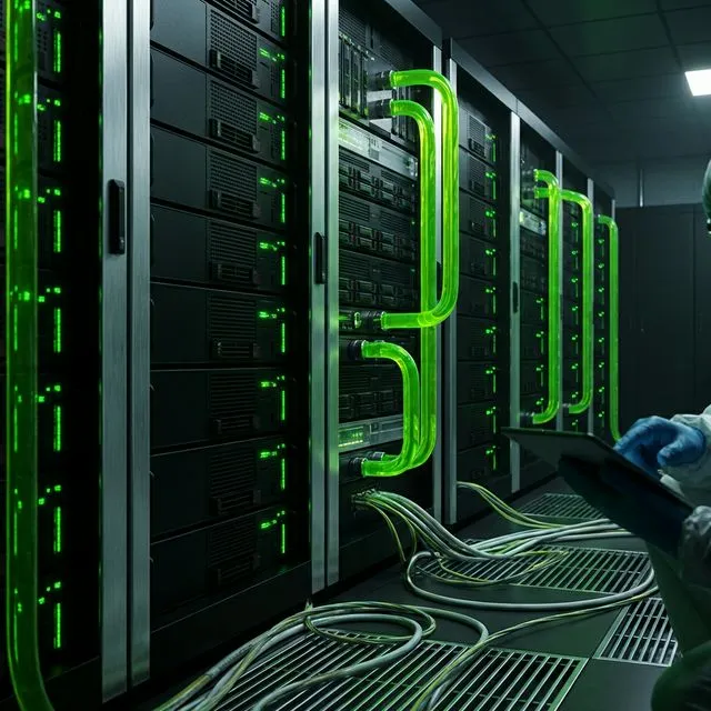 Technician servicing server racks in a data center